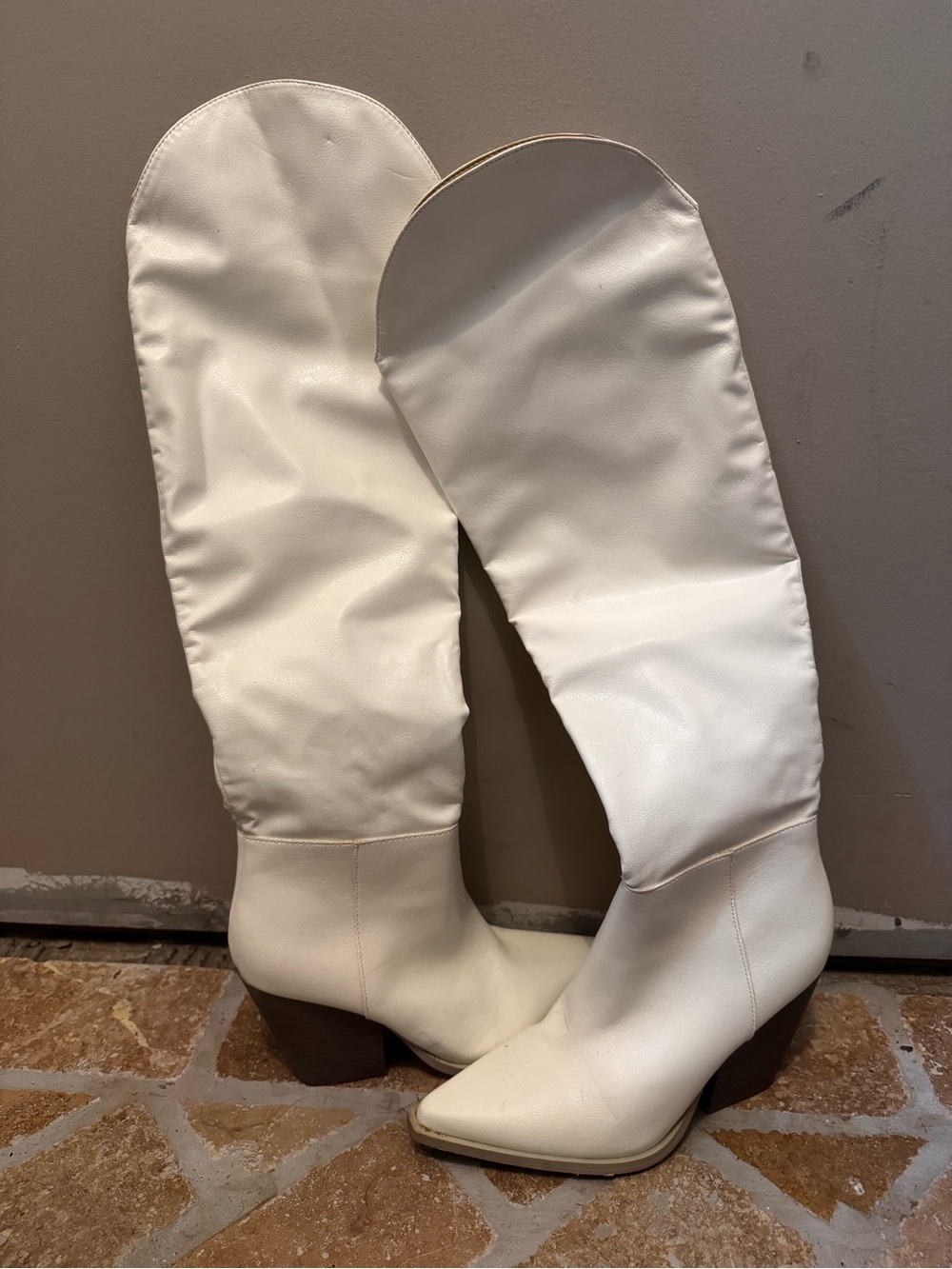 White Knee-High Western Boot with Stacked Heel